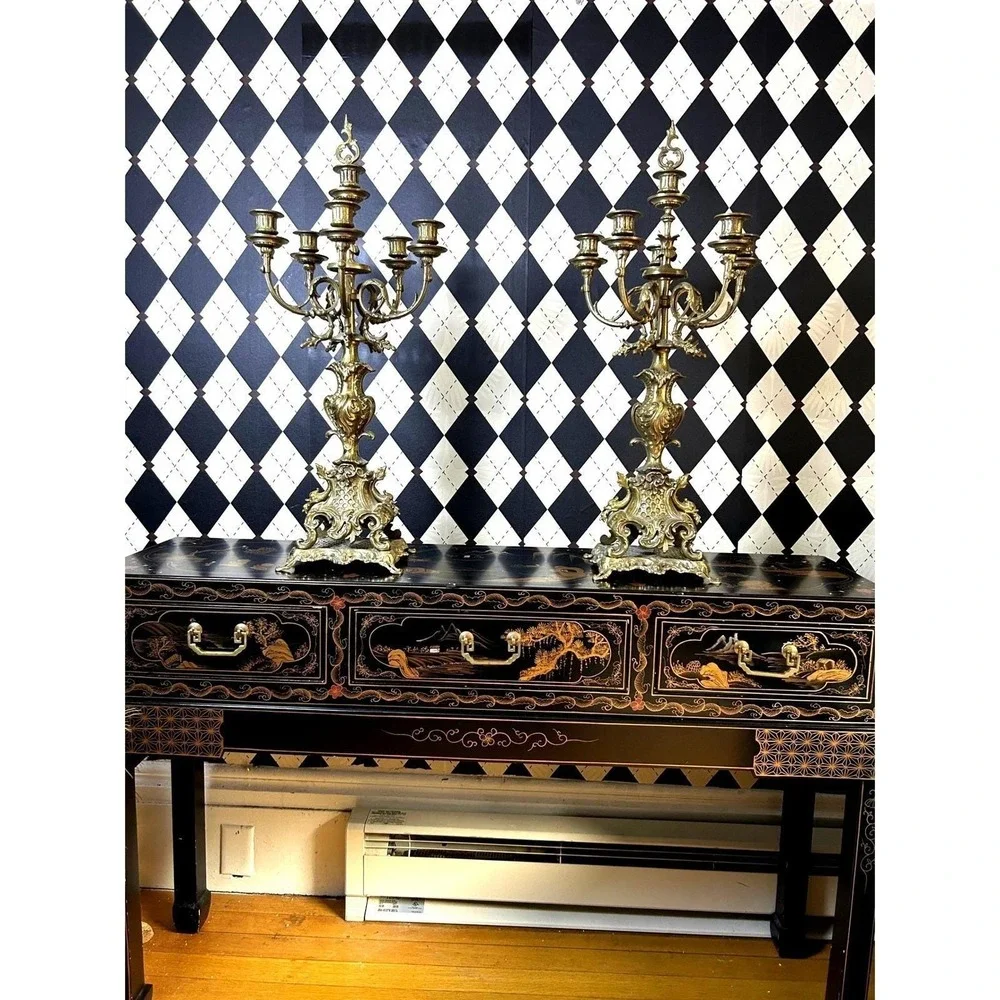 Grand-sized‎ Brass Rococo Candelabra Pair 28in Baroque 6 Arm Candle Holders